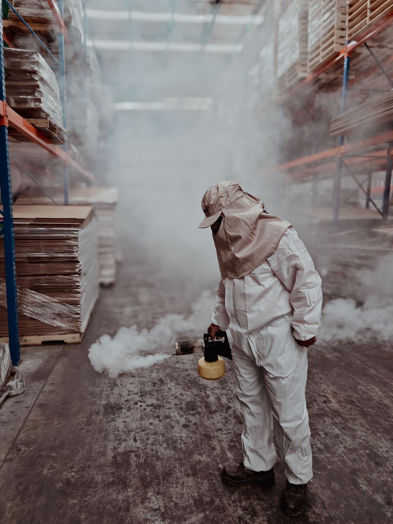 Technicien en équipement de protection procédant à une fumigation dans un local